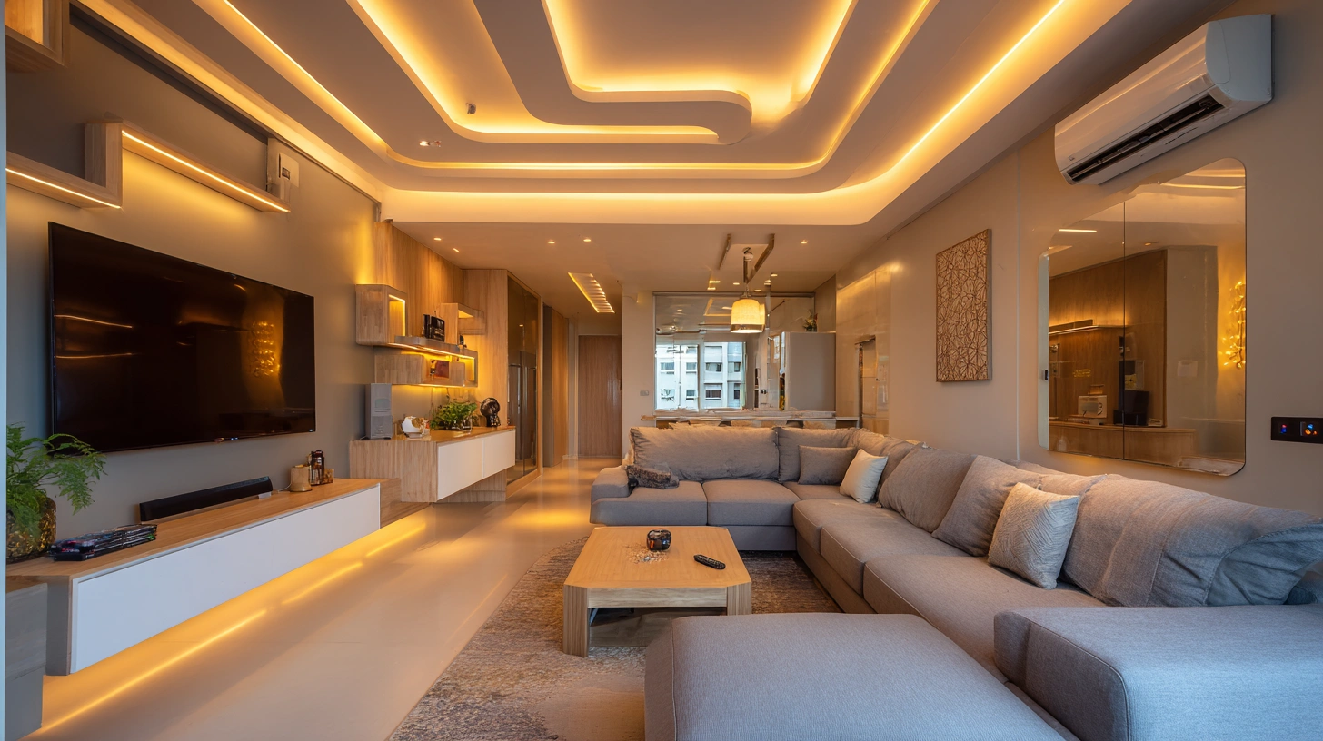 Minimalist living room with advanced color changing smart lighting