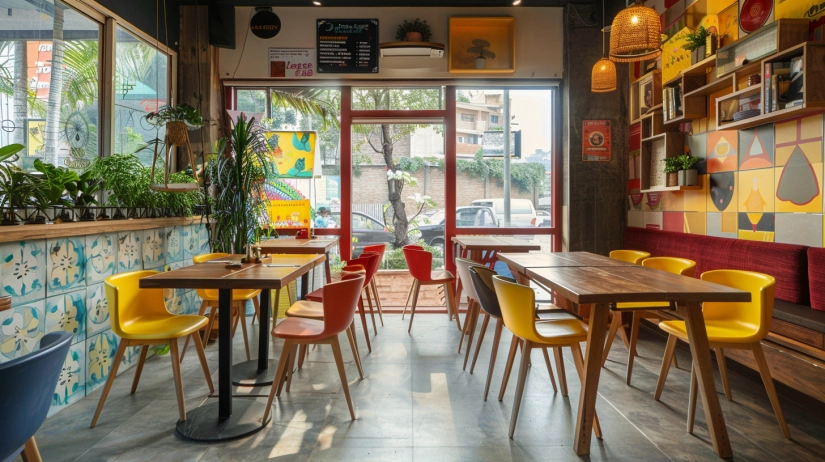 Colorful chairs in a low-budget cafe interior in India