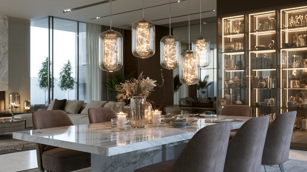 Smart luxury dining room with automated lighting and modern furniture.