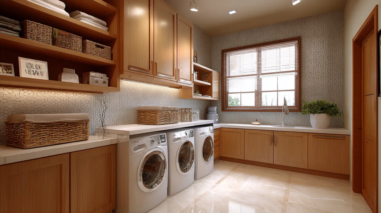 patterned tile flooring with green wooden counters in laundry room