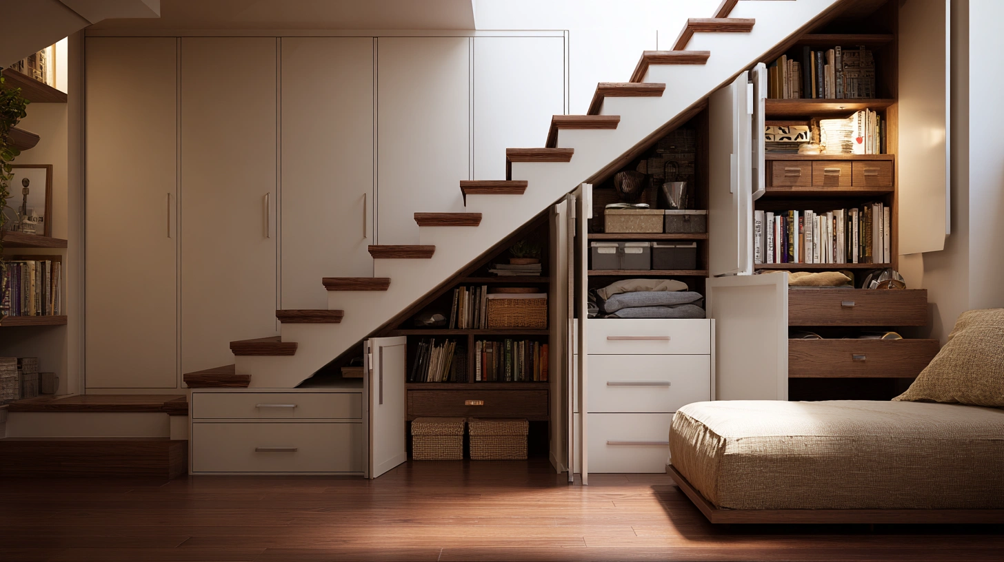 Built-in cabinets tucked neatly under a duplex staircase