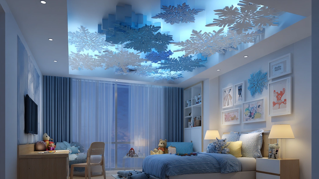 Snowflake PVC ceiling design in blue kids bedroom theme