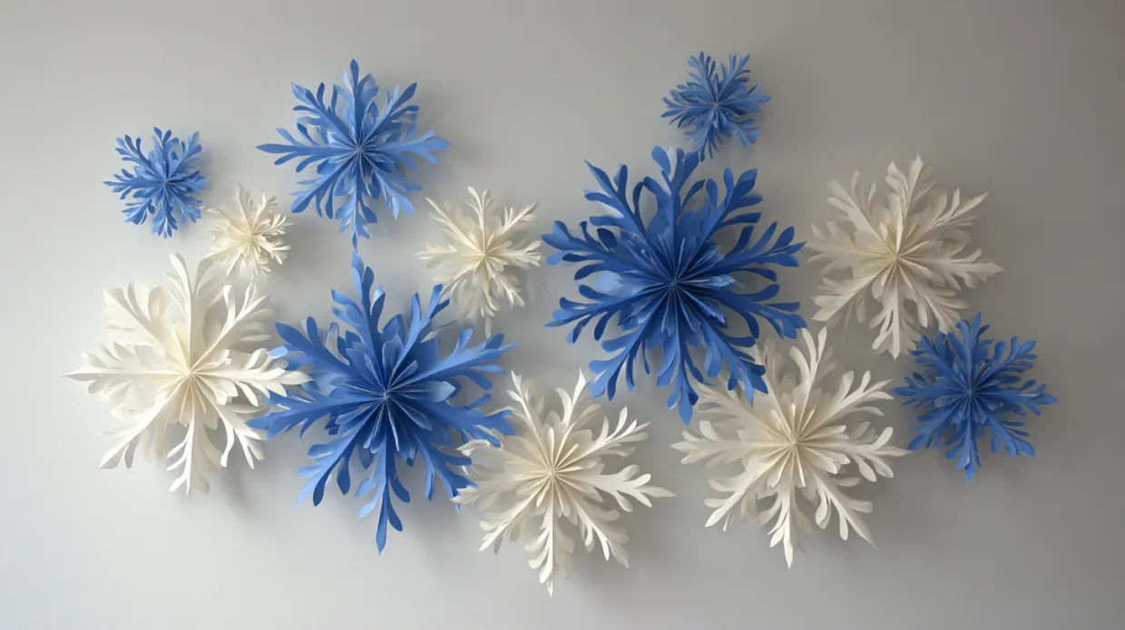 paper snowflakes used as wall decoration in various patterns