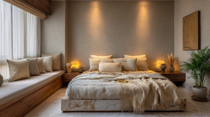 Soft beige simplistic bedroom interior