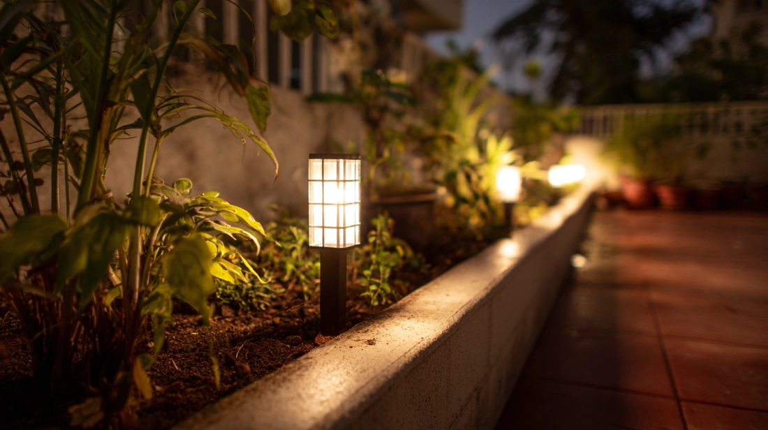 Solar pathway lights illuminating eco-friendly terrace