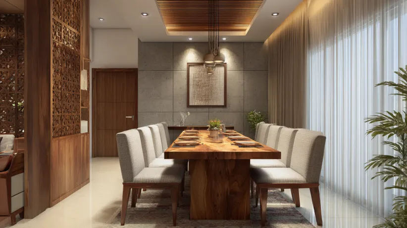 Large live-edge solid wood table with ten cream padded chairs.