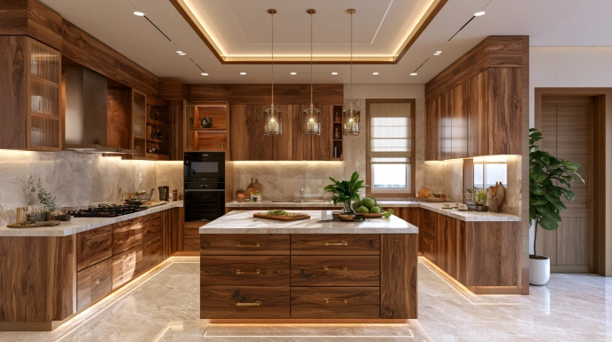 Luxury solid wood modular kitchen with teak cabinets