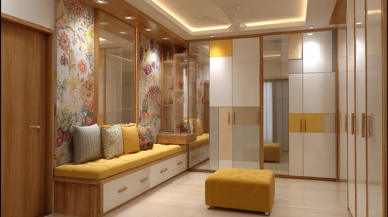 Solid wood almari design with seating bench