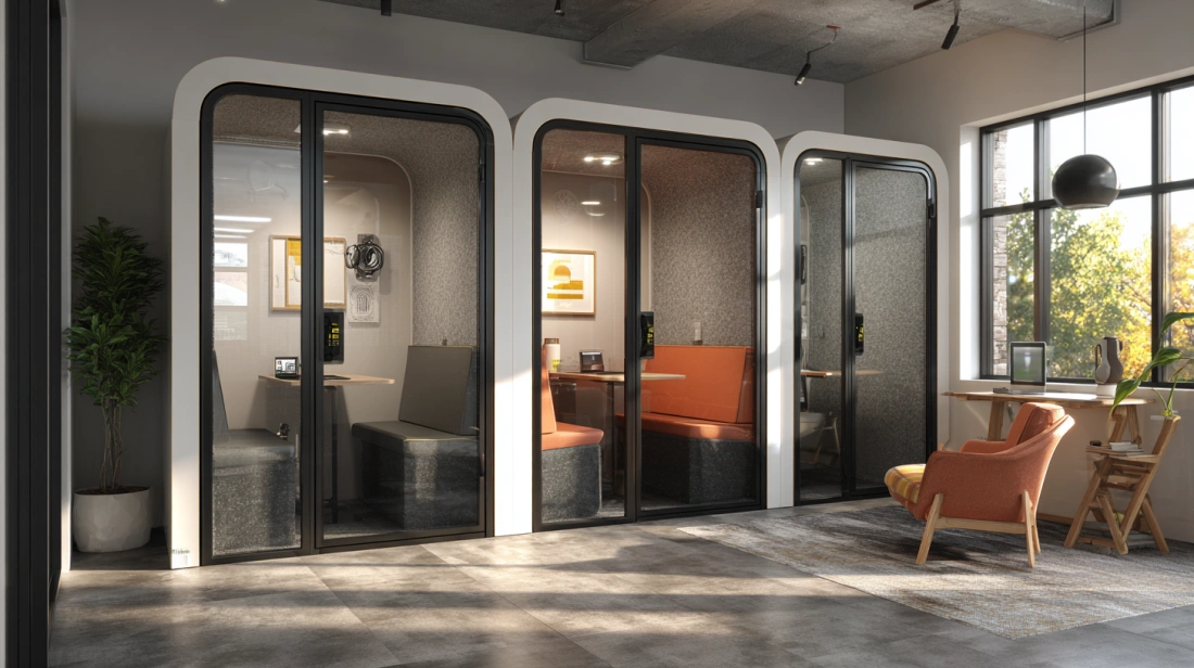 Sleek acoustic privacy pods in a modern office