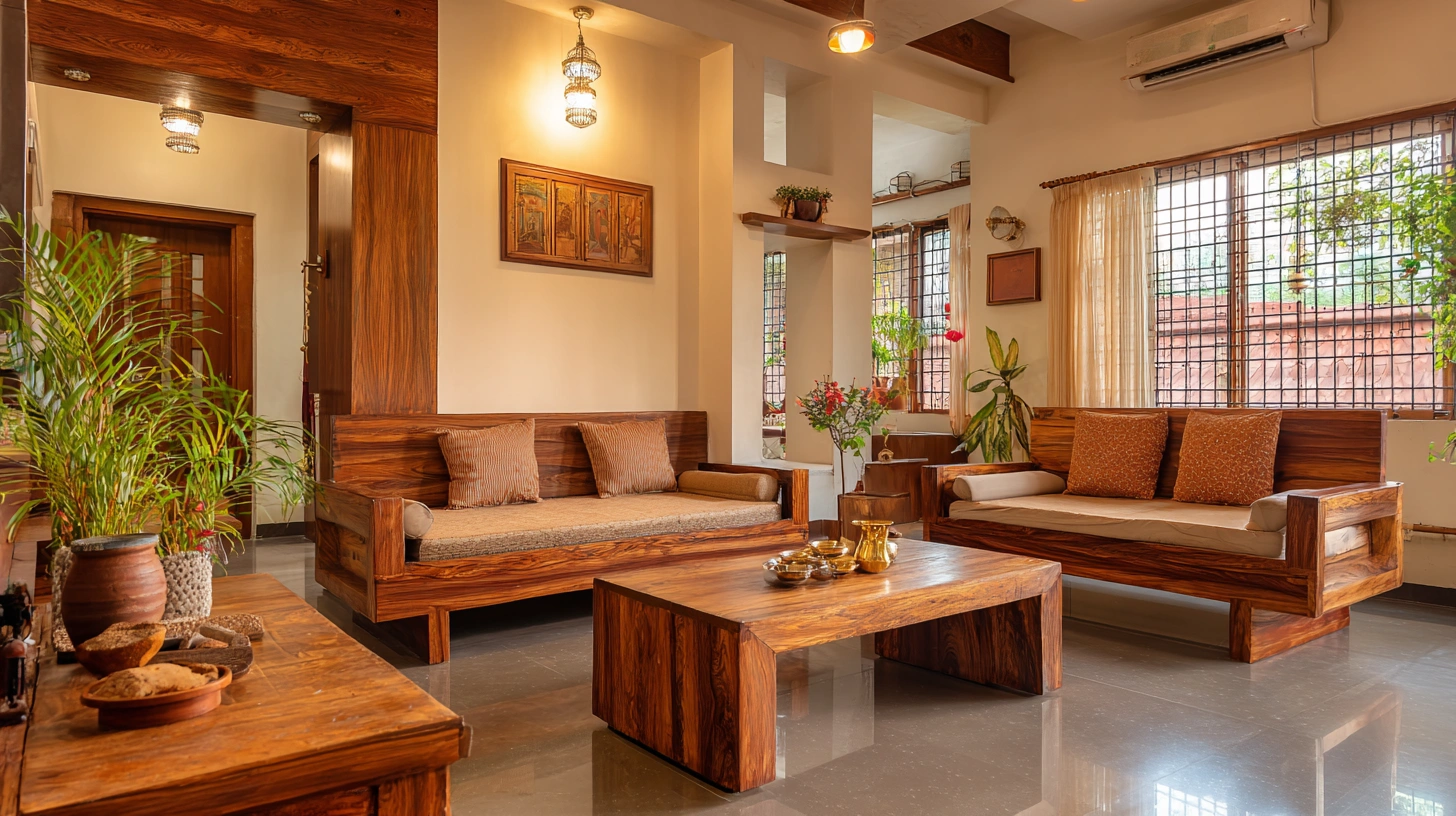 South Indian living room with teak furniture and swing