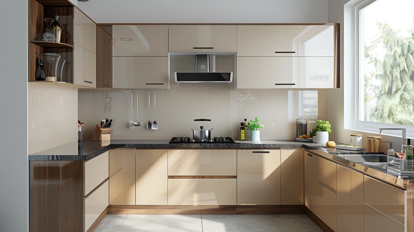 Space saving modular kitchen design for 2 BHK home setup