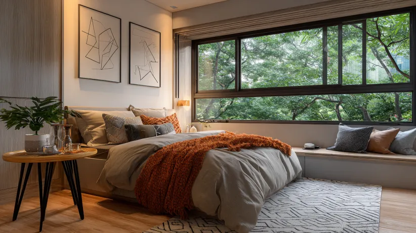 Horizontal sliding black frame window showing a lush green forest view in a cozy bedroom.