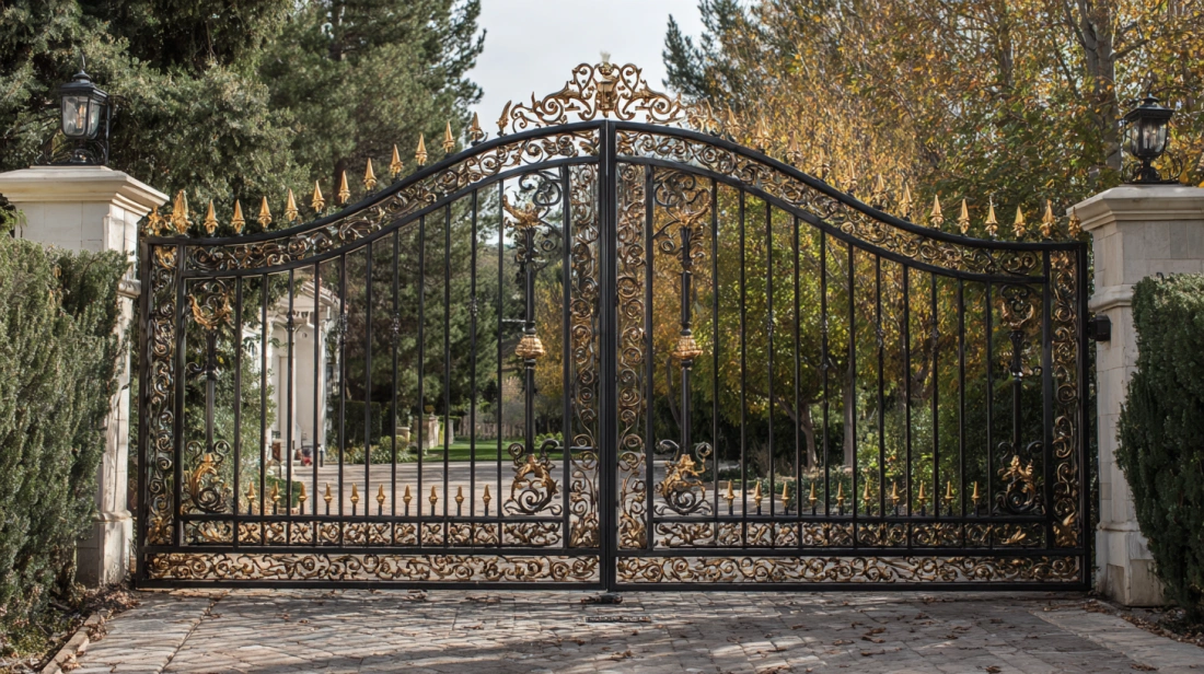 Rustic arched wooden gate set in a thick white stucco wall