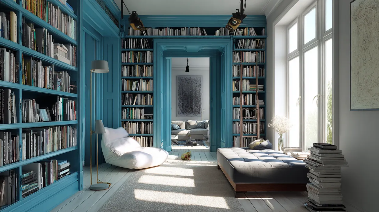 colourful bookshelf ladder in vibrant home library design