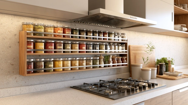 Wall-mounted spice rack with labelled jars