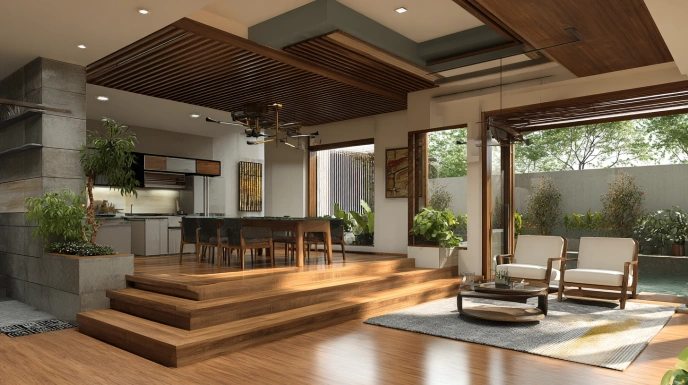 Split-level living dining area with raised platform