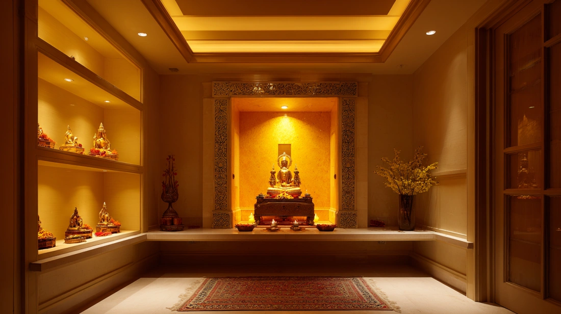 Bright spotlight illuminating a traditional home Puja altar