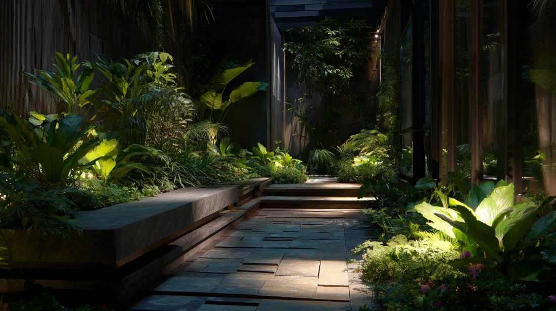 Spotlights highlighting plants and terrace features