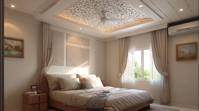 Square POP panel ceiling with fan medallion