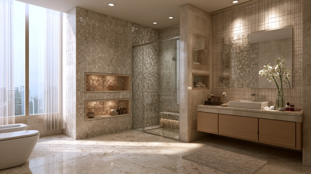Double stacked niches in a shower wall
