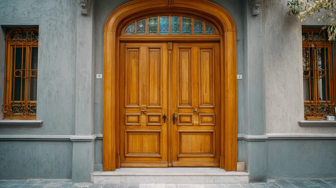 Ornate double wooden doors with blue stained glass above