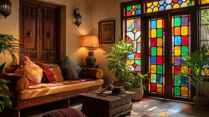 Vibrant stained glass windows with multi-colored panels in a warm ethnic living room.