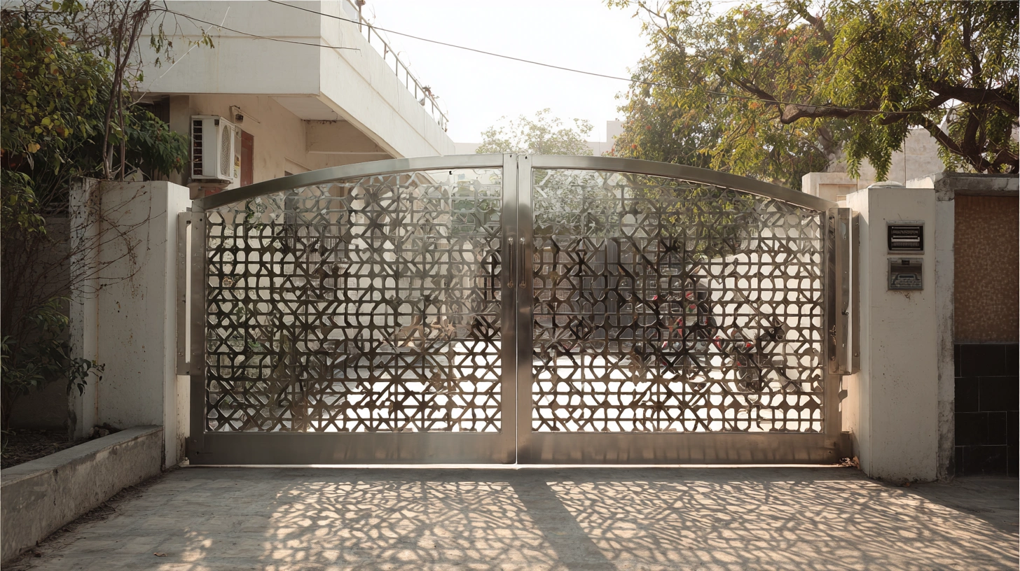 Polished stainless steel gate with a modern geometric arch top