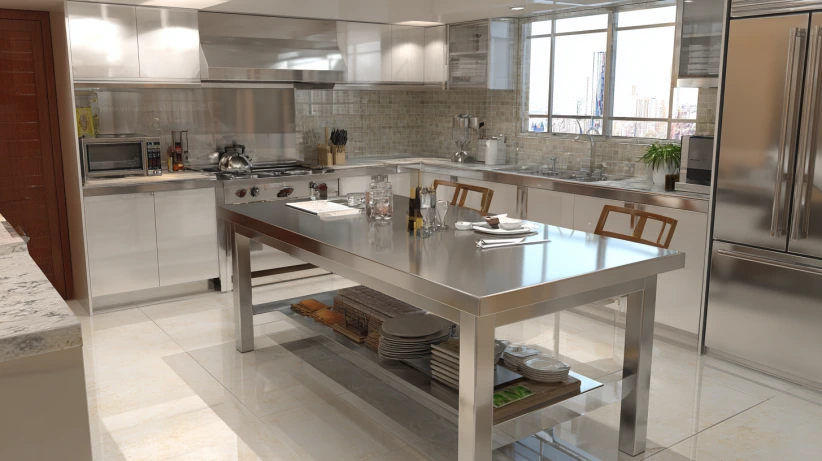 stainless steel finish featured in a modern island kitchen design