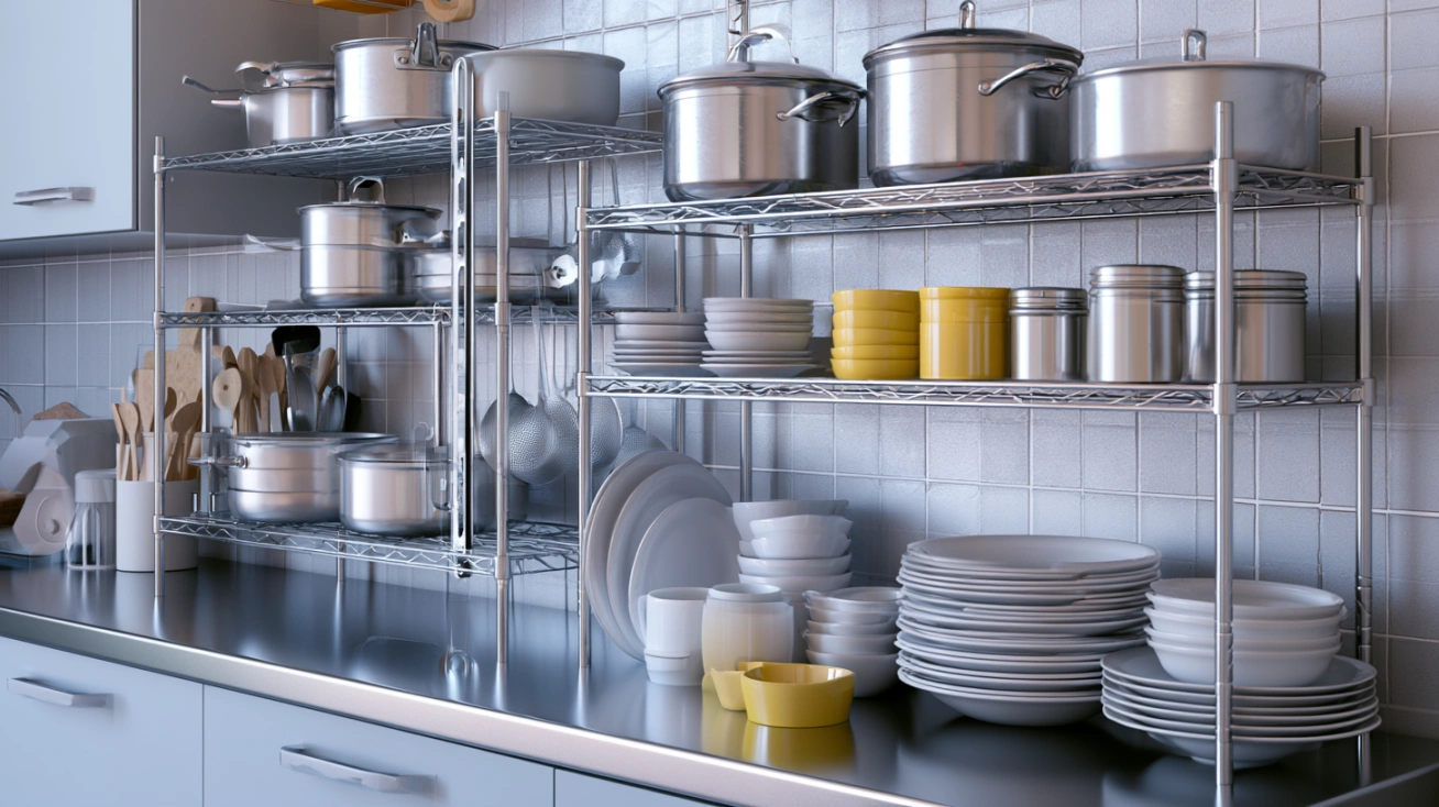 Stainless steel kitchen rack for cookware storage