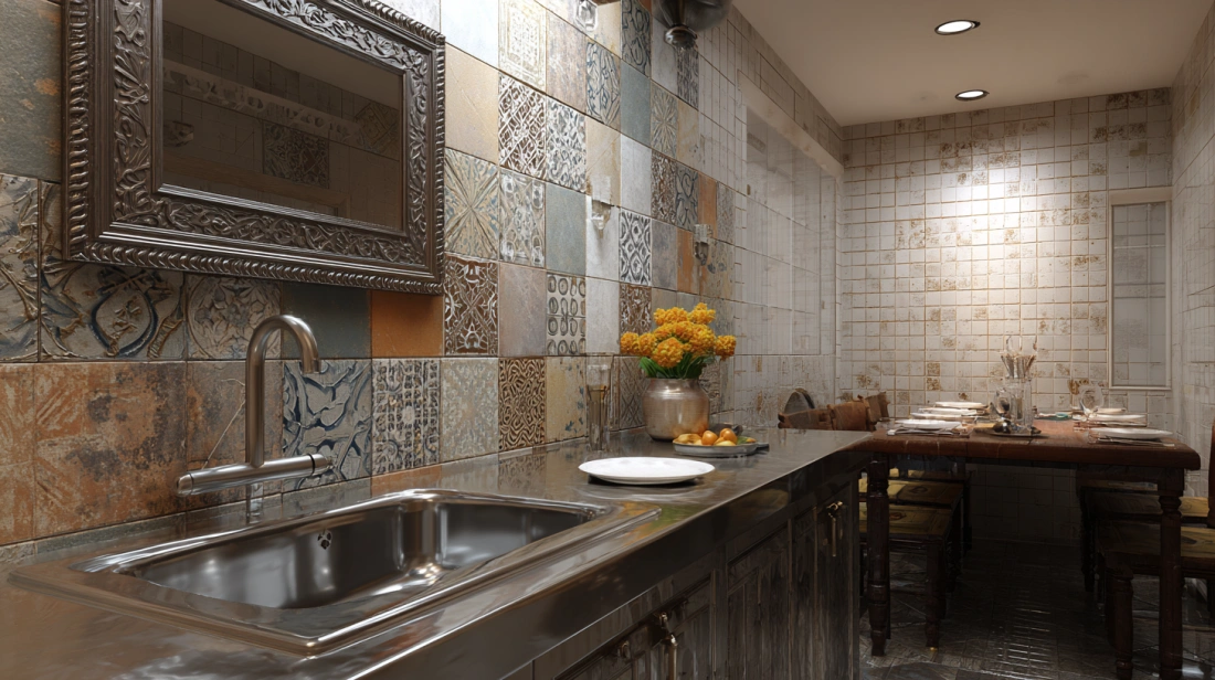 Stainless steel basin with metal stand dining area