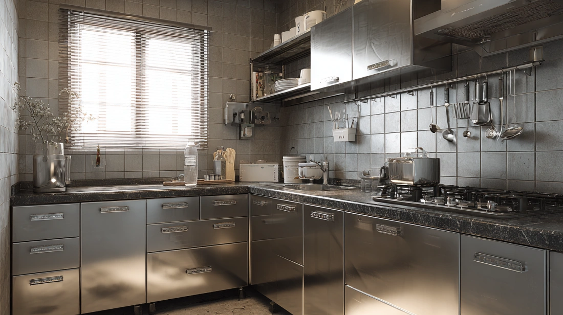 Stainless steel shutters in utility Indian kitchen setup