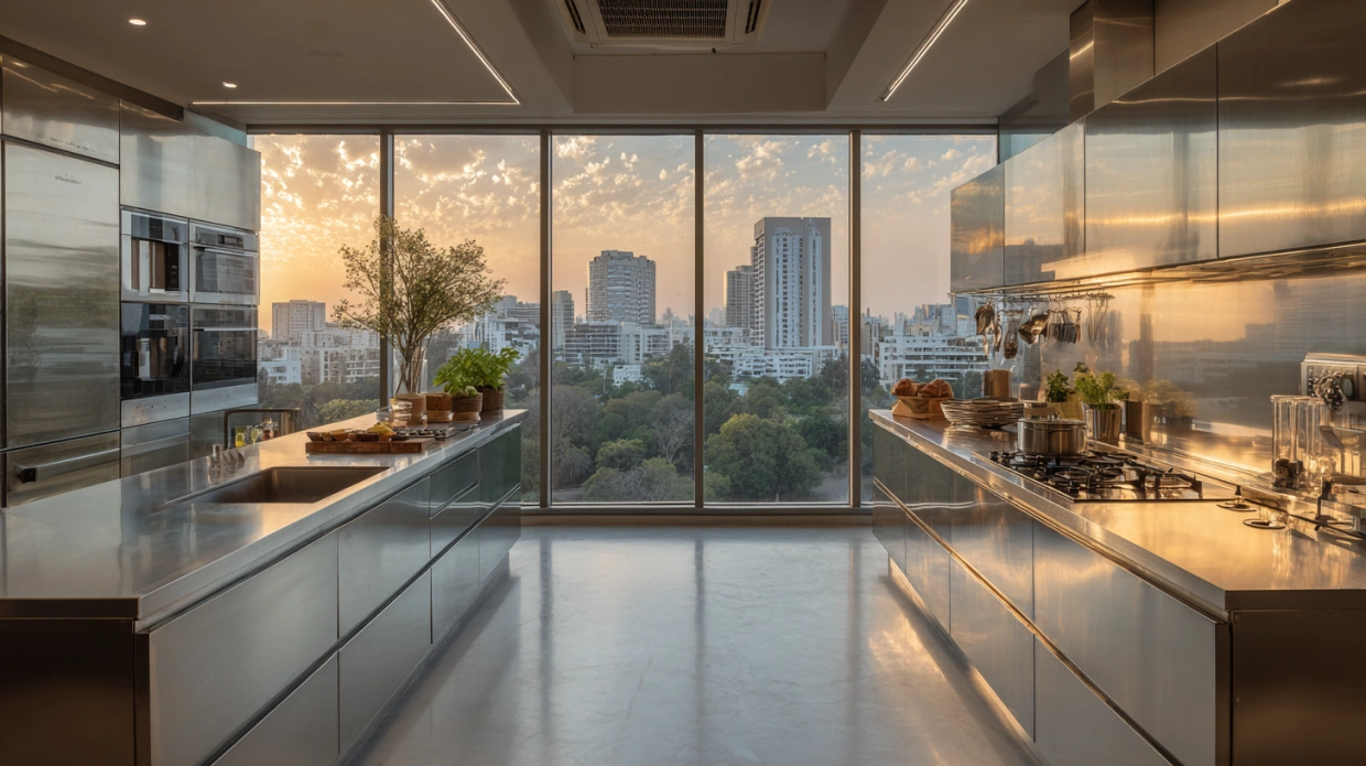 Stainless steel modular kitchen with modern design and sleek finish