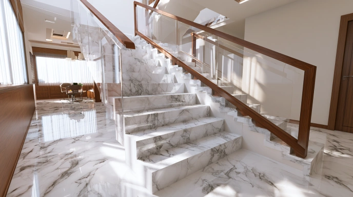 Marble staircase with glass railing