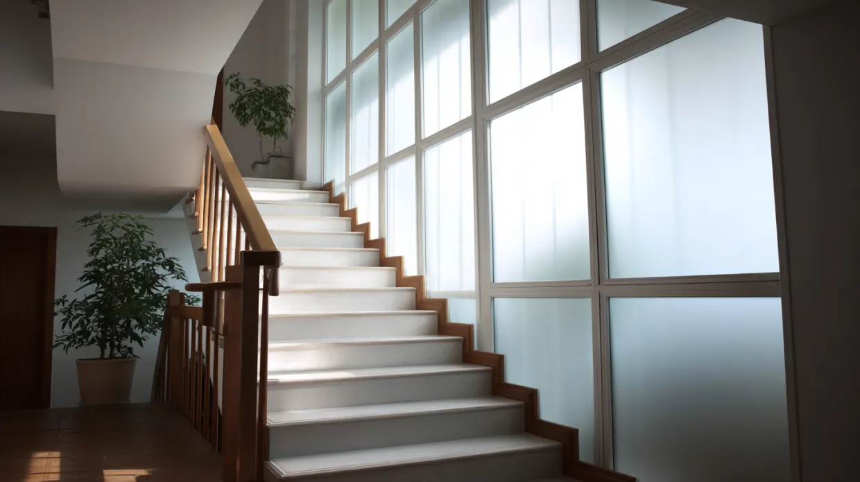 large staircase window with clear glass panels and minimalist frame