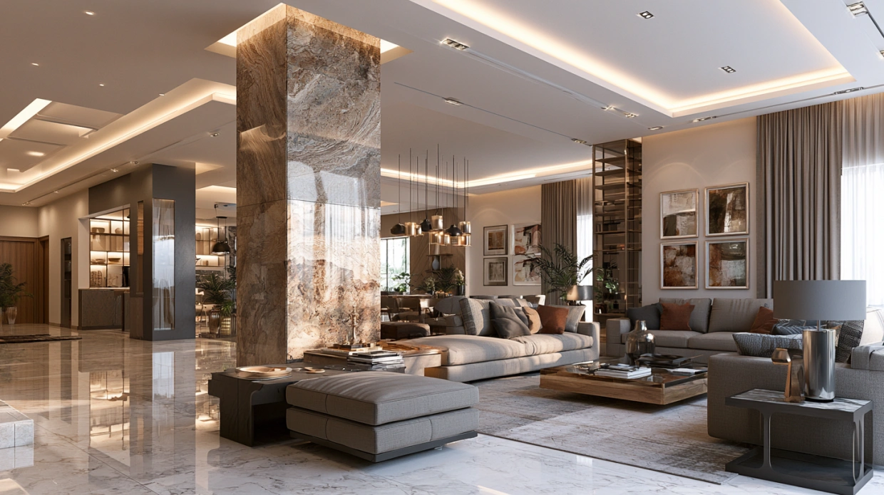Statement granite pillar in luxury living room