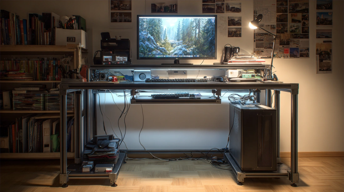 Powder-coated steel desk with desktop setup