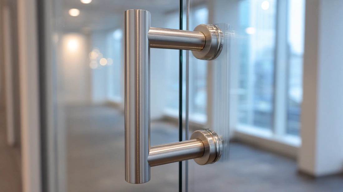 Steel handle on glass door panel