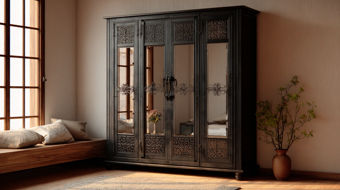 Large four-door steel wardrobe with a polished finish