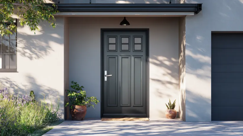 Sturdy steel panel door for exterior entrance home decor