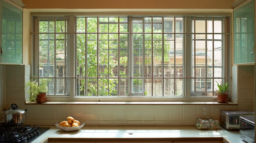 steel frame featured in a sturdy window grill design for kitchen