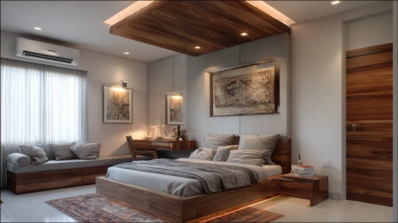 step ceiling design for bedroom with modern layered interior style