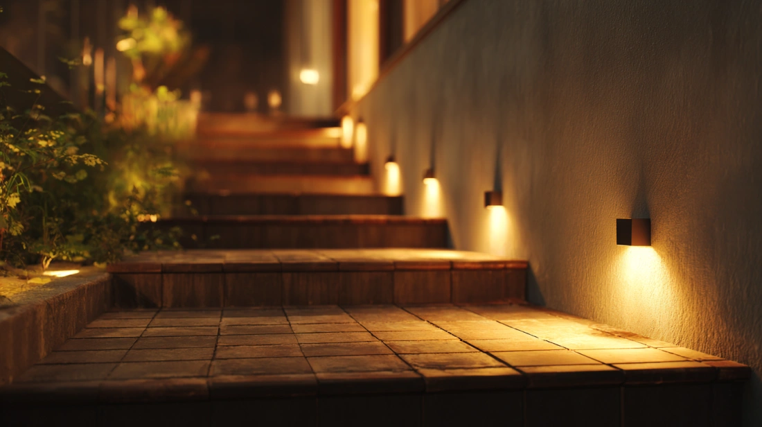 Step lights embedded along terrace staircase path