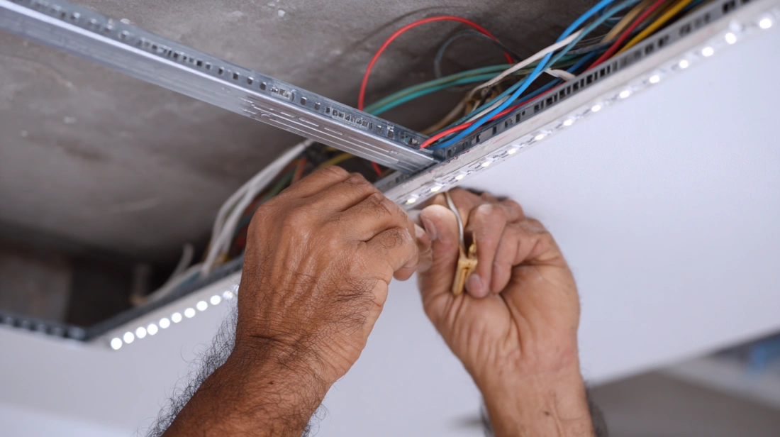 Electrician installing LED strip in ceiling cove channel