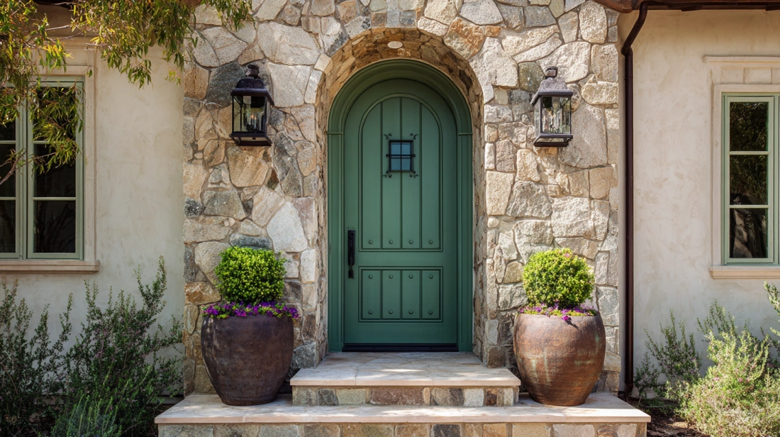A green arched wooden door is centered on a stone wall