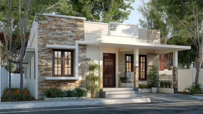 Stone cladding low-cost normal house front elevation design