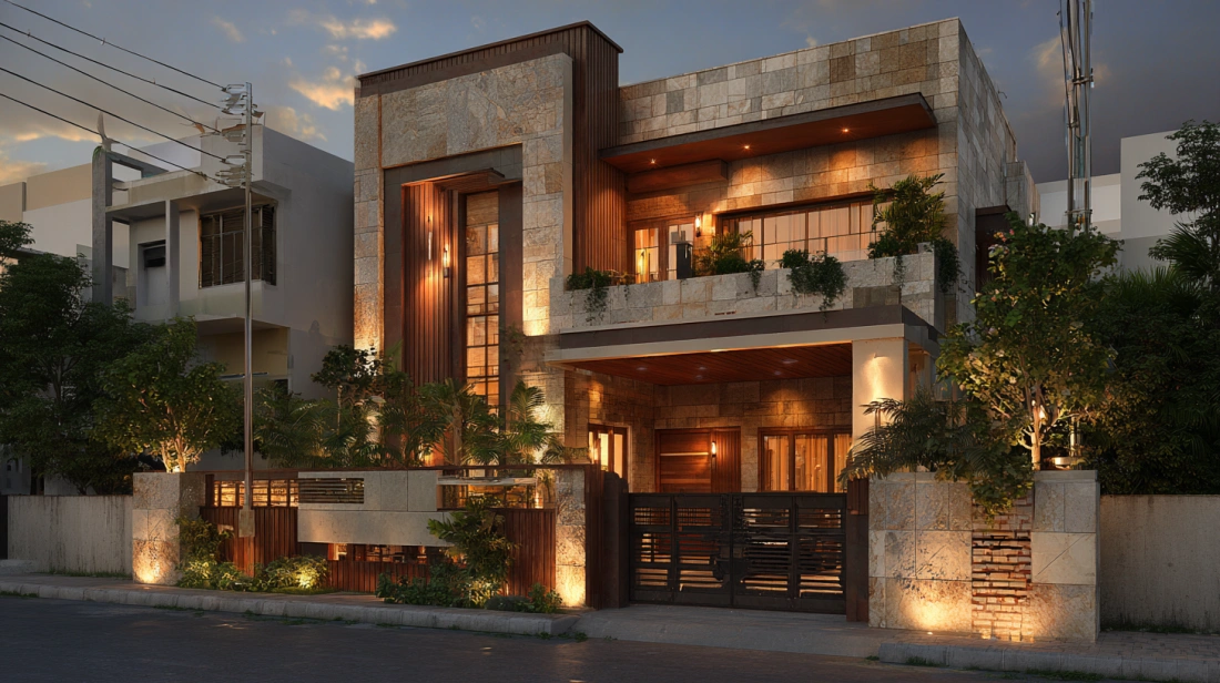 Indian house with earthy natural stone cladding