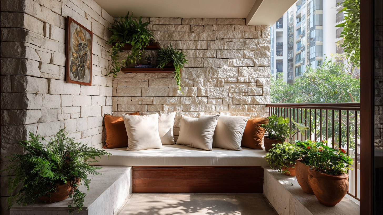 Stone wall balcony sitout with bench