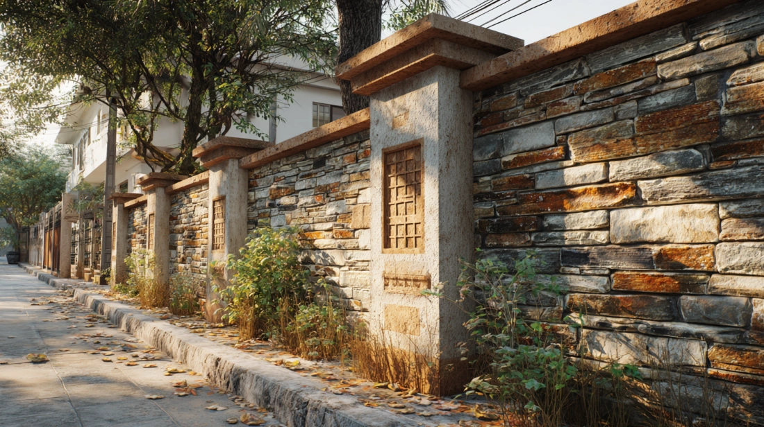 Natural stone tile cladding on a modern compound wall
