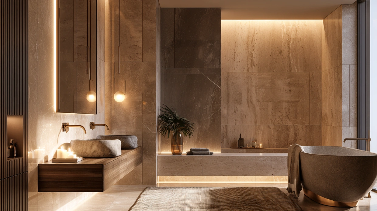 Marble contemporary bathroom with brass accents