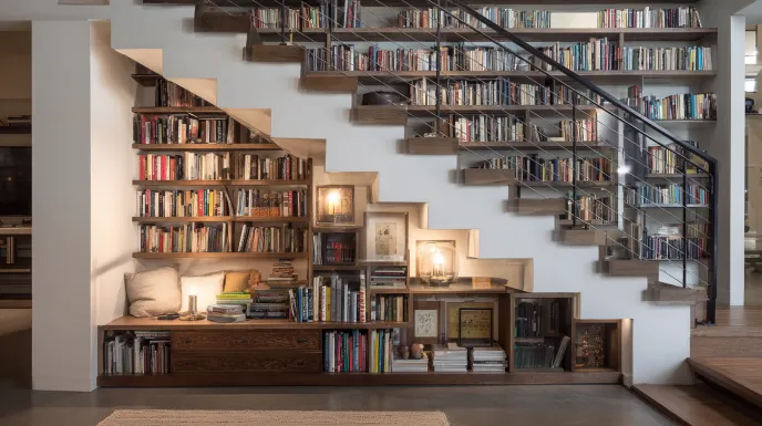 staircase storage with built-in shelves in home library design